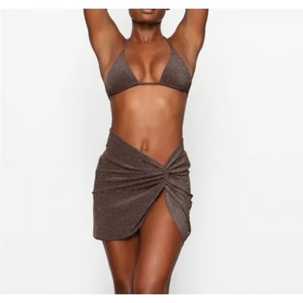 Skims Swim Sarong Mini‎ Skirt NWT Chocolate Brown Glitter Metallic Sz 2X Stretch